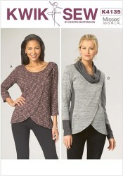 4135 Kwik Sew Stretch Knit Pullover Overlap Panel Tops Cowl or Not Pattern XS-XL new